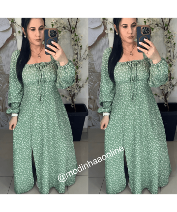 Vestido Camponesa Estampado Verde